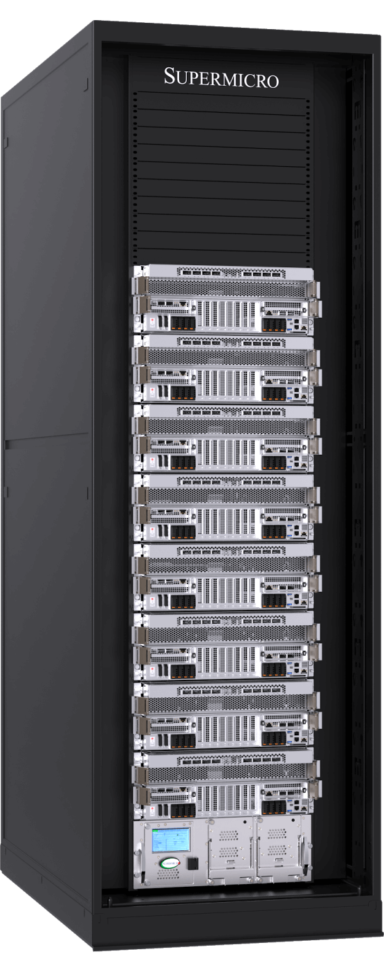 Supermicro 52U rack with 8 liquid-cooled 4U Front I/O NVIDIA HGX B300 8-GPU systems