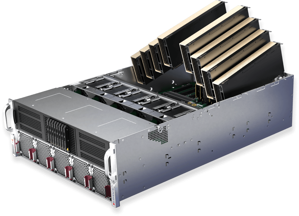 Supermicro AI Factoryシステム SYS-422GA-NRT、GPUを取り外した状態の斜めからの眺め