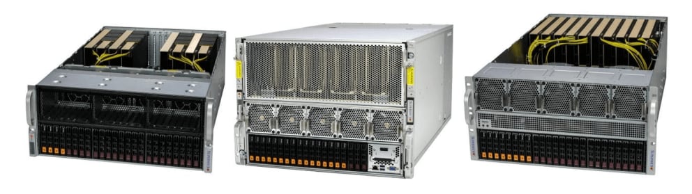 Trio of Supermicro GPU systems: 4U 8GPU, 8U 8GPU, and 5U 10GPU
