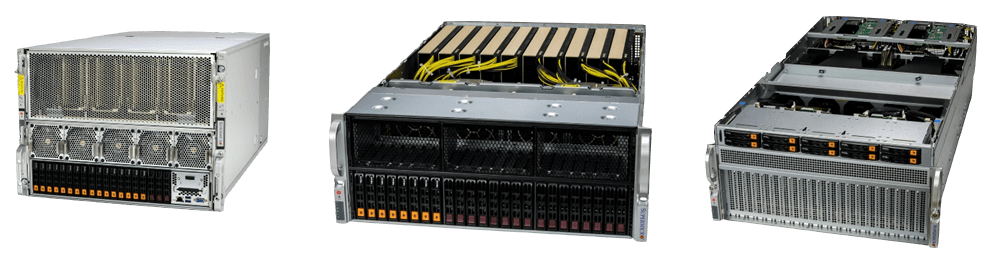 Trio of Supermicro AI GPU systems: 8U system, 4U system, 5U System