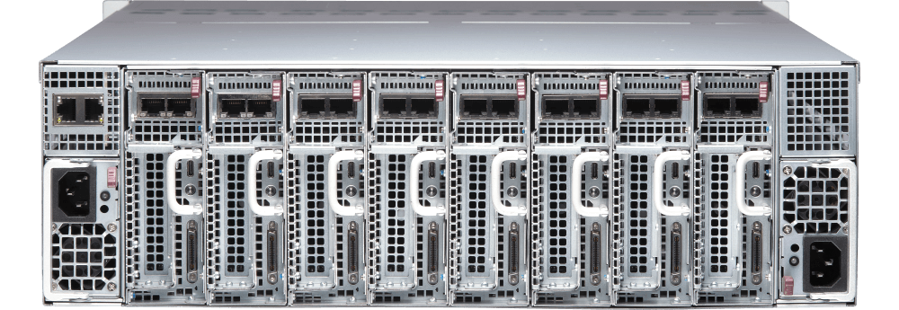 Système MicroCloud Supermicro A+ 3U à 8 nœuds avec un seul processeur AMD EPYC™ série 4005/4004 par nœud (vue arrière).