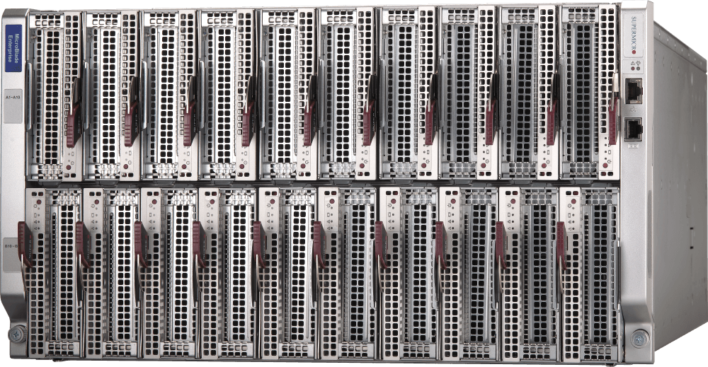 Système MicroBlade® Supermicro A+ 6U 20 nœuds avec un seul processeur AMD EPYC™ série 4005/4004 par lame (nœud).