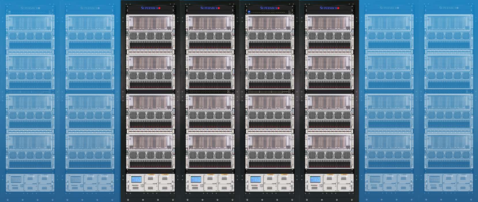 Row of eight server racks populated with AI-optimized Supermicro 8U GPU systems; the middle four racks are highlighted and the two on each side faded out